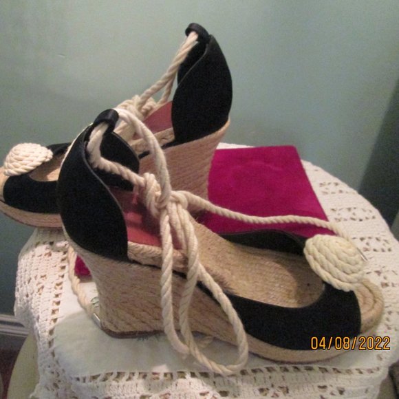 Kate Spade Black Satin Espadrilles Wedge Rope Lace Up Size 7 - Picture 4 of 9